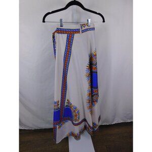 Laddi Skirt Womens One Size Beige Blue Dashiki Print Wrap Maxi Boho Cotton Long